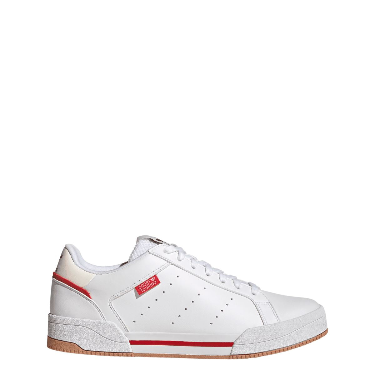 White low-top trainers with red side stripe, perforated toe, gum rubber sole