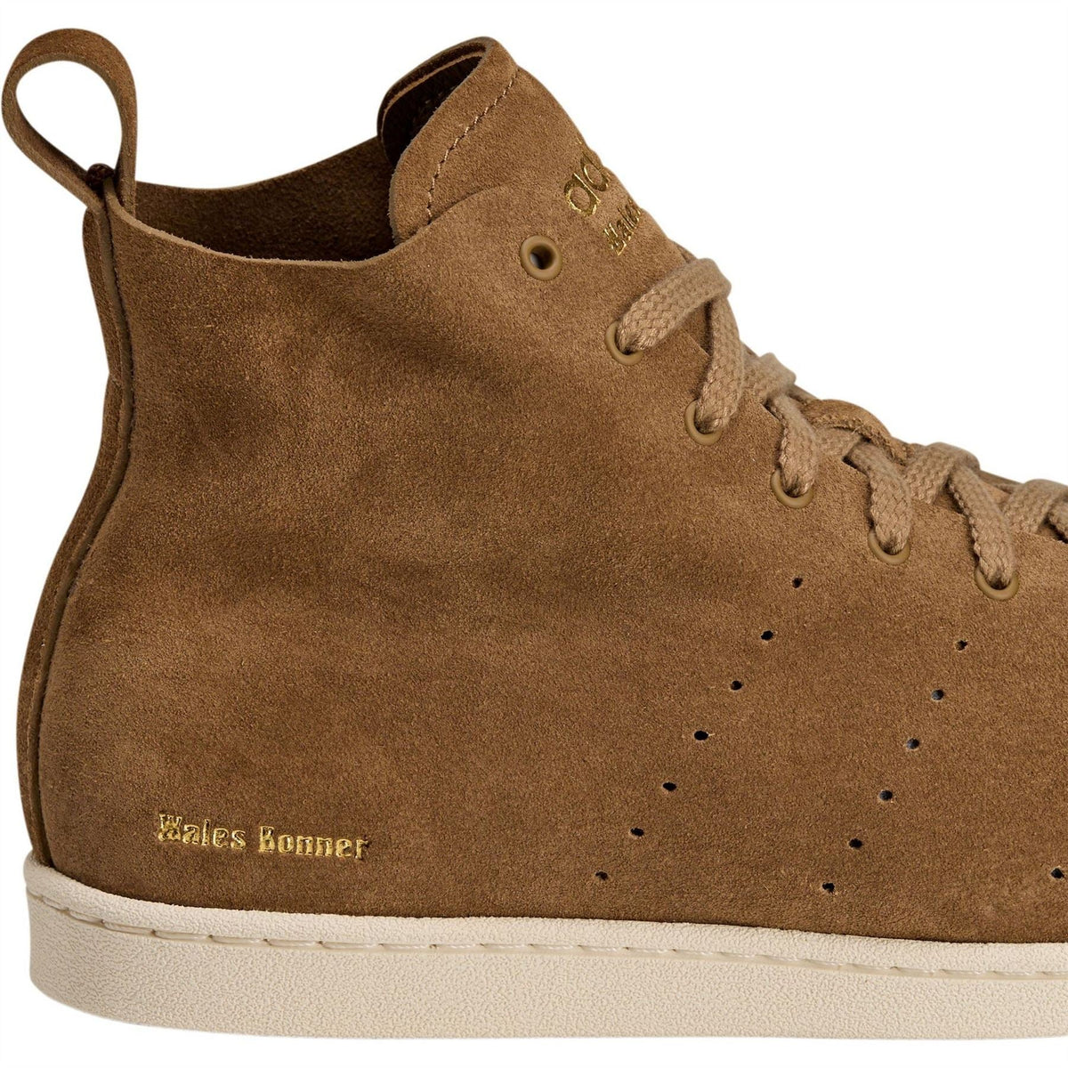 Brown suede high-top sneaker with perforated toe, lace-up, and Wales Bonner embroidery