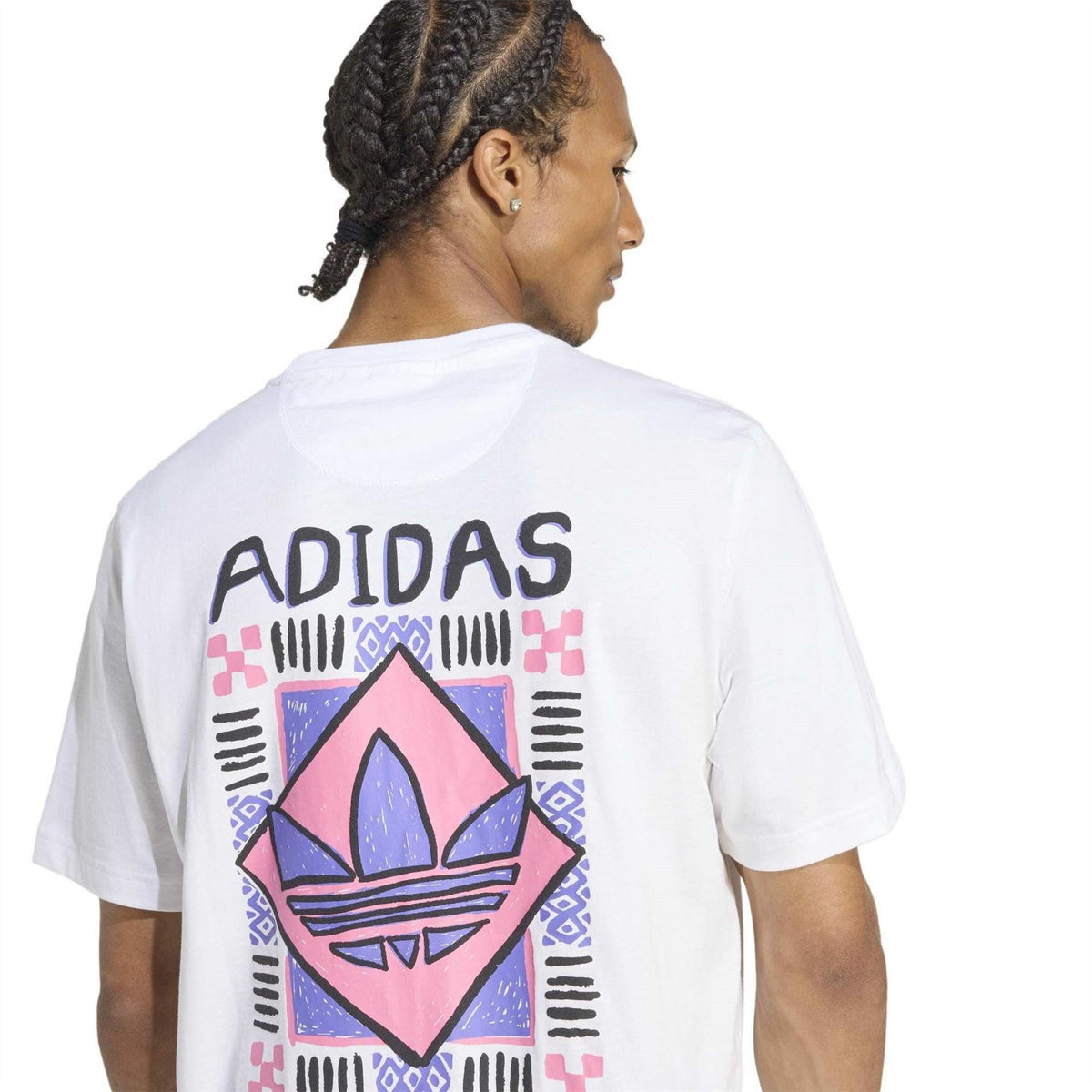 White crew-neck T-shirt with large adidas Originals graphic on back.