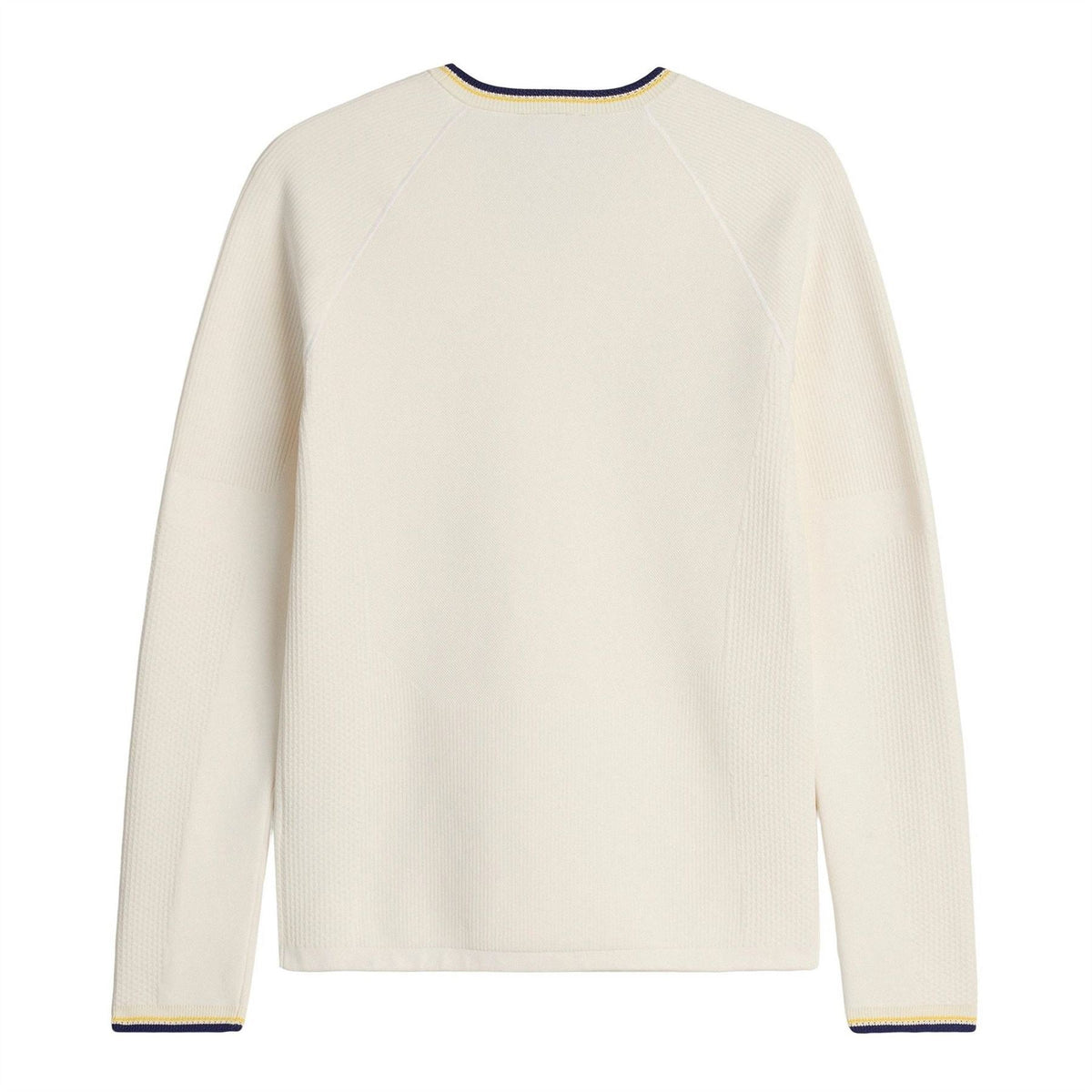 Cream knit long-sleeve crewneck top with navy and yellow trim at cuffs