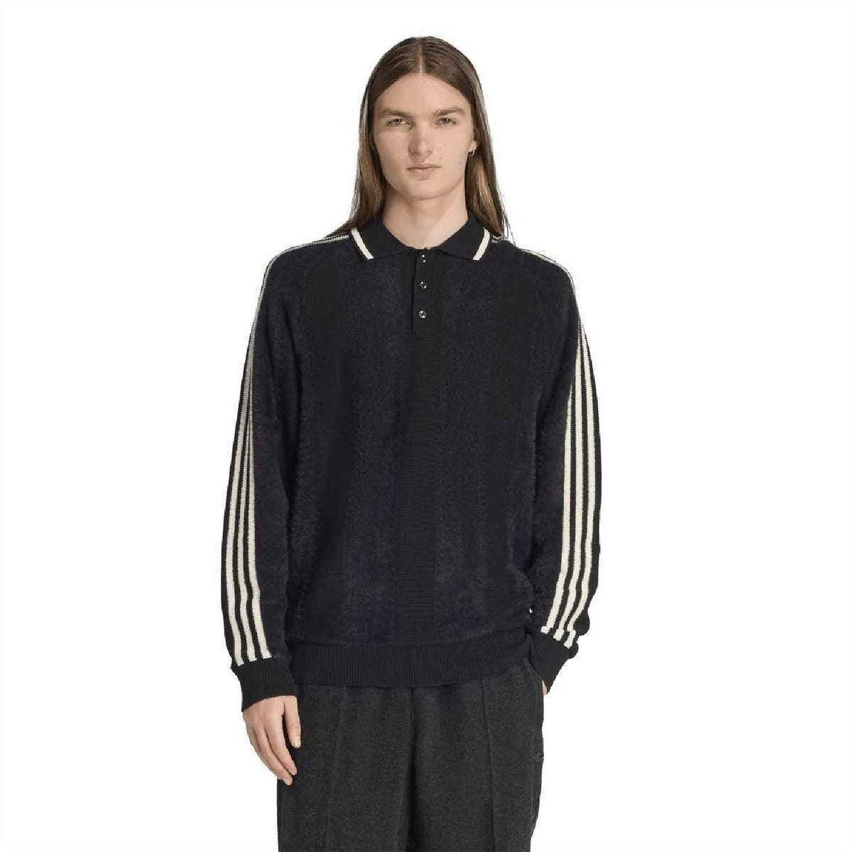 Navy-black collared raglan sweater with white triple stripe bands on sleeves