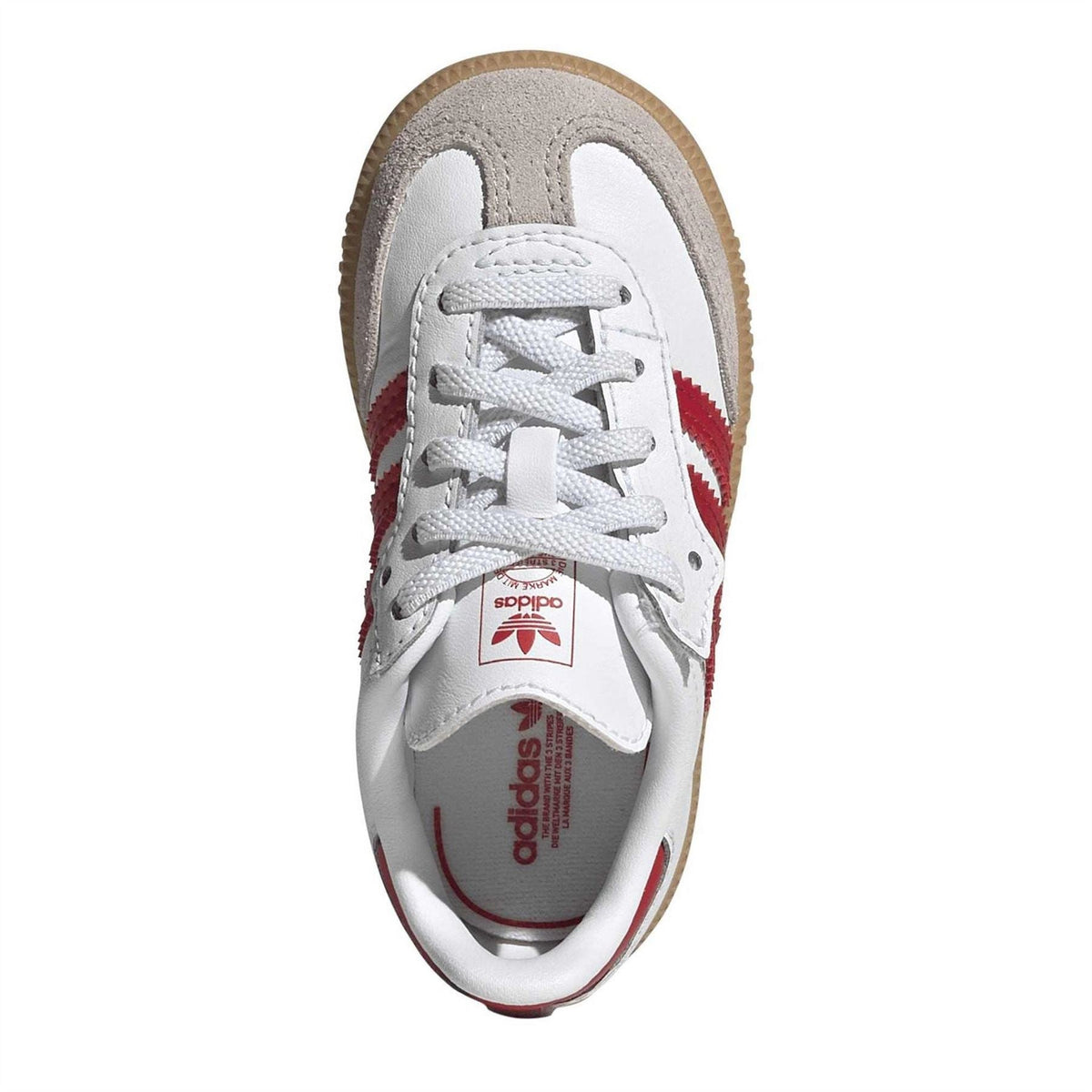 adidas Originals infants Samba sneakers, lace-up front view in white with red stripes