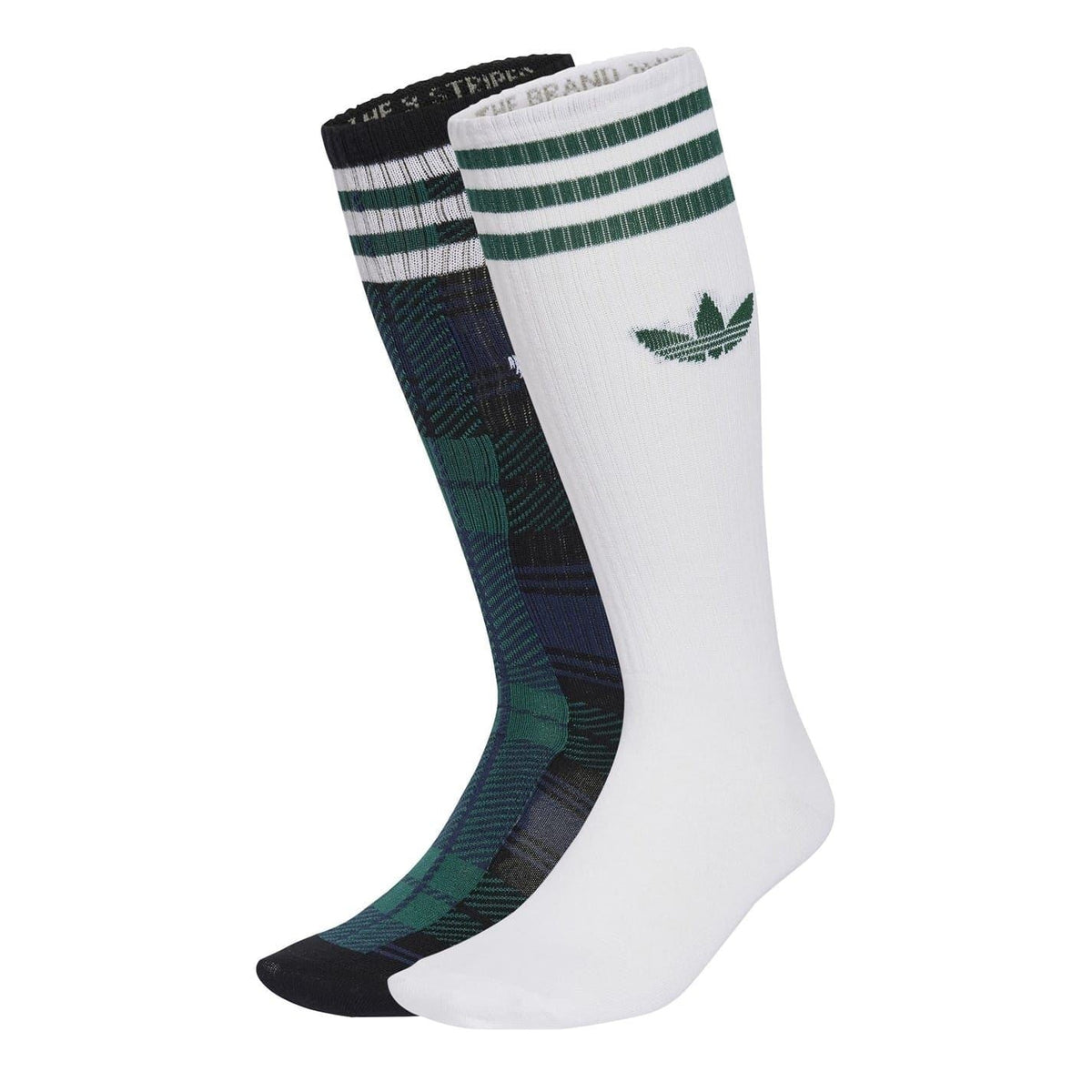 adidas Originals tartan long crew socks 2-pack, white and dark green striped