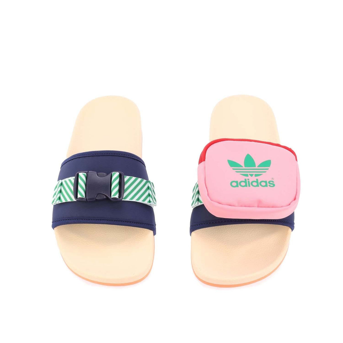 Adidas slide sandals with navy straps, green stripes, and pink logo pouch