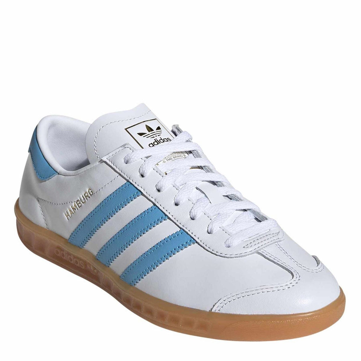 White leather low-top trainers with light blue stripes, lace-up, and adidas logo