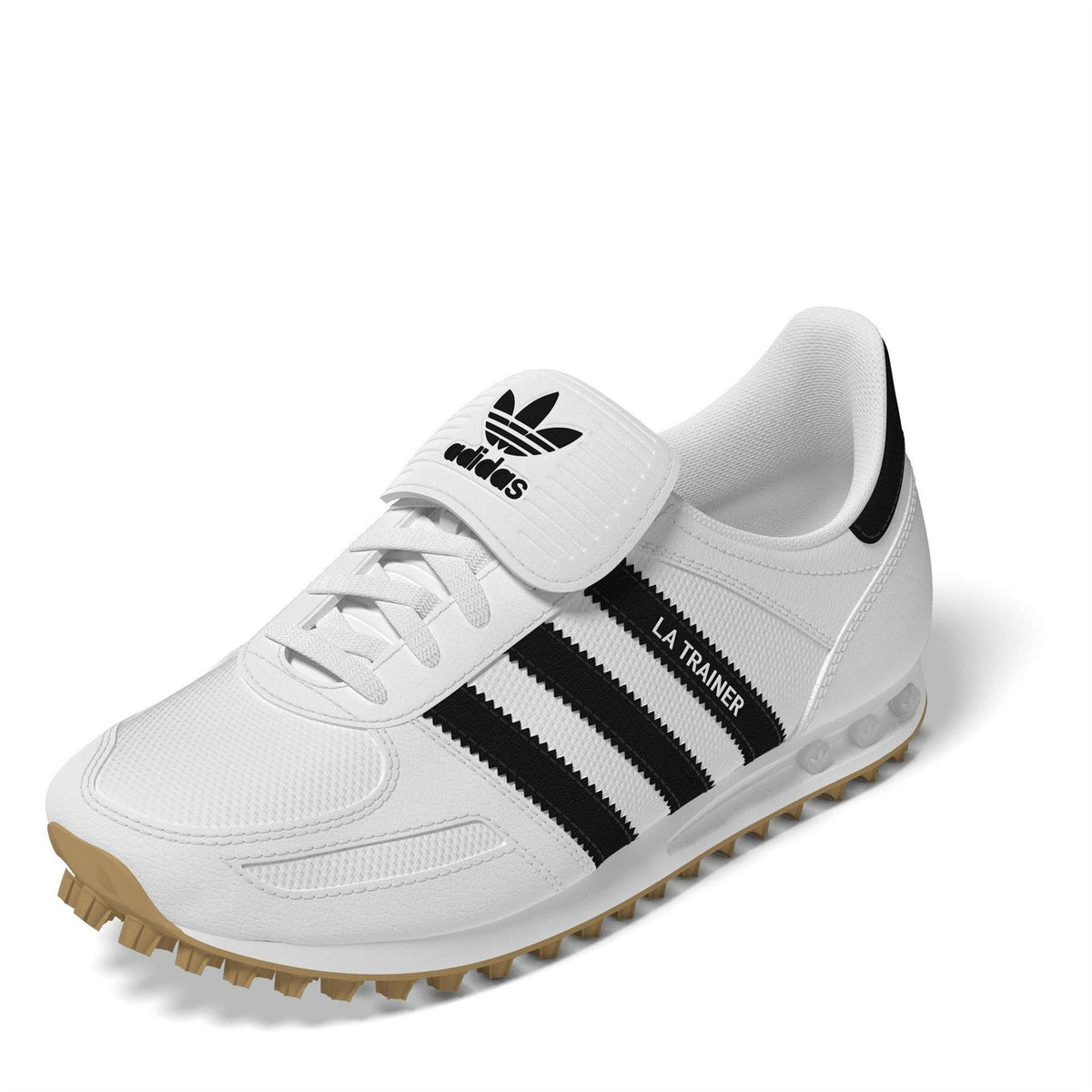White lace-up sneaker with black three stripes, adidas logo strap, gum outsole