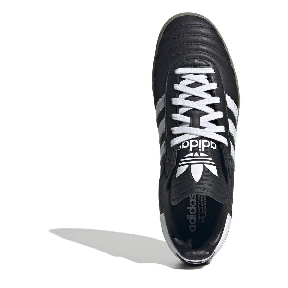 adidas Originals Samba JP shoe top view in black with white laces and adidas branding