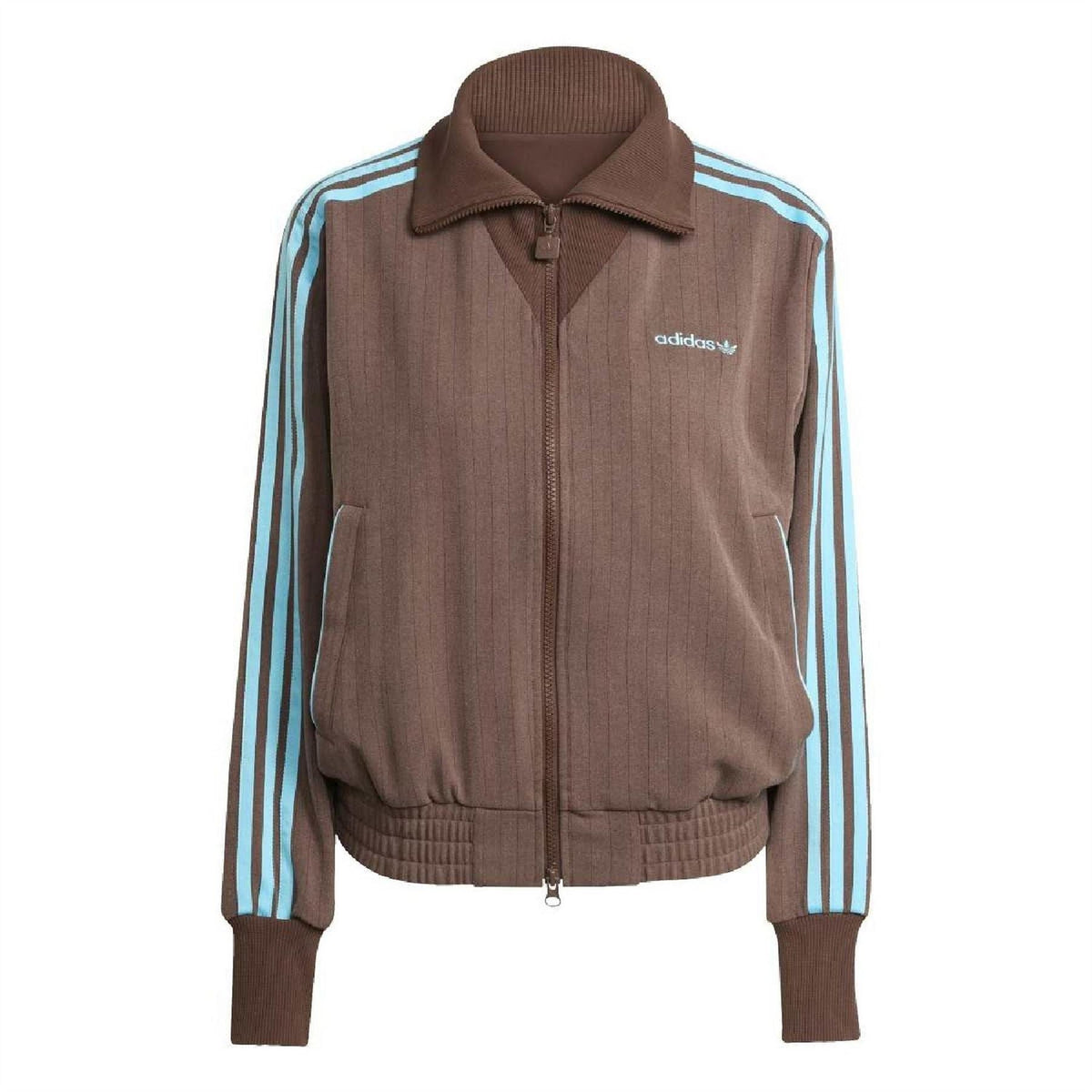 adidas Originals zip-up high-neck sweatshirt in auburn with blue triple stripe sleeves