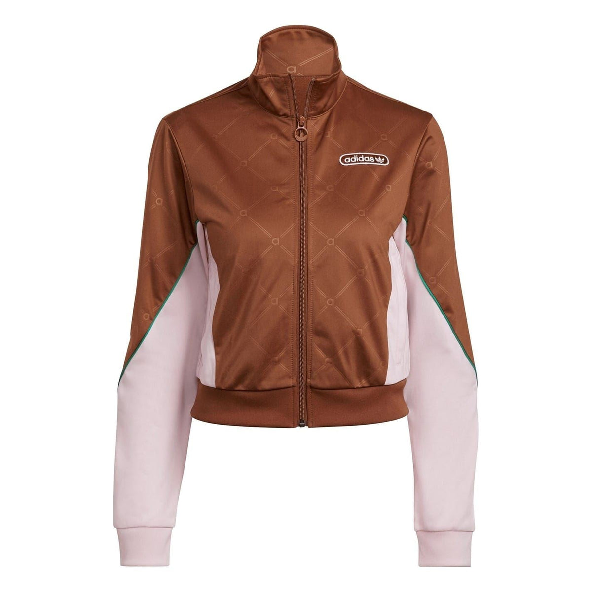 Mock neck track jacket in brown with light pink sleeves; full zip and adidas logo
