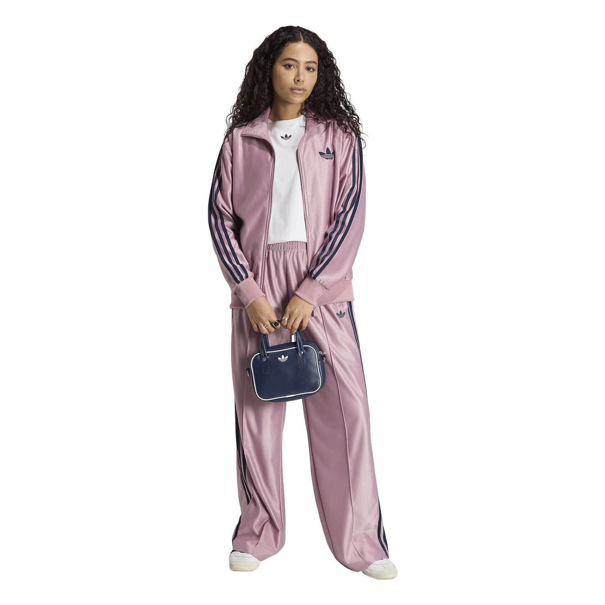 adidas Originals mauve track joggers with elastic waist and bold side stripes