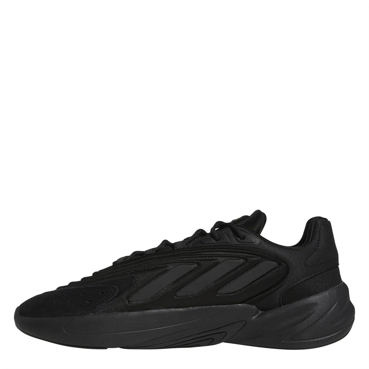 adidas Ozelia chunky lace-up sneakers in black, side view with sculpted midsole