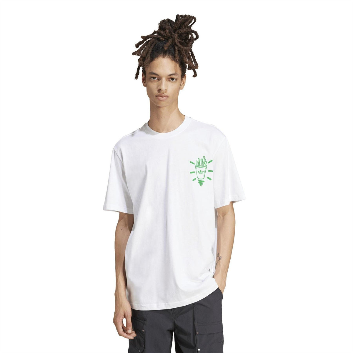 adidas Originals T-shirt, white, front green graphic print and crew neck