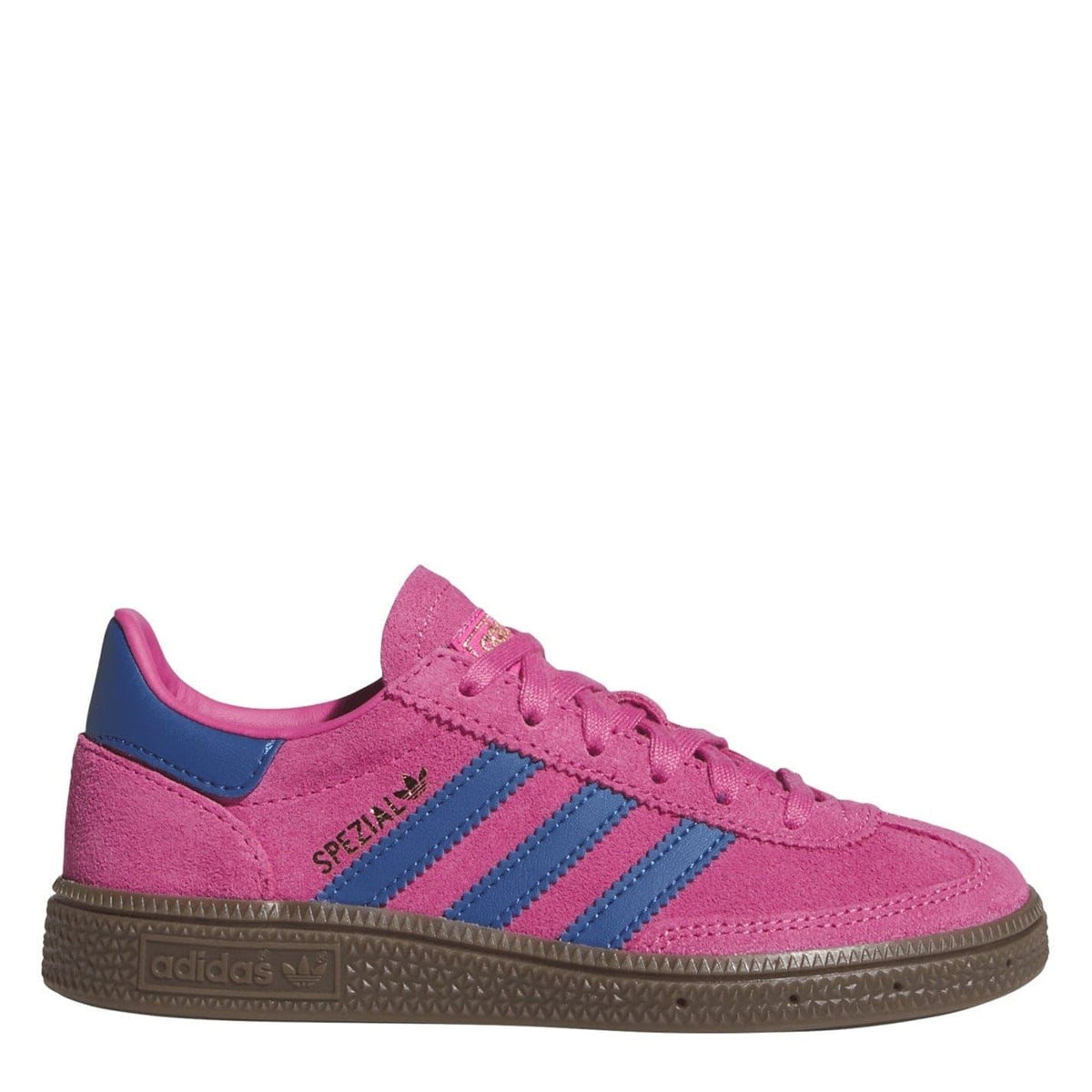 Kids' adidas Spezial sneakers in pink suede with blue stripes, gum sole, and pink laces