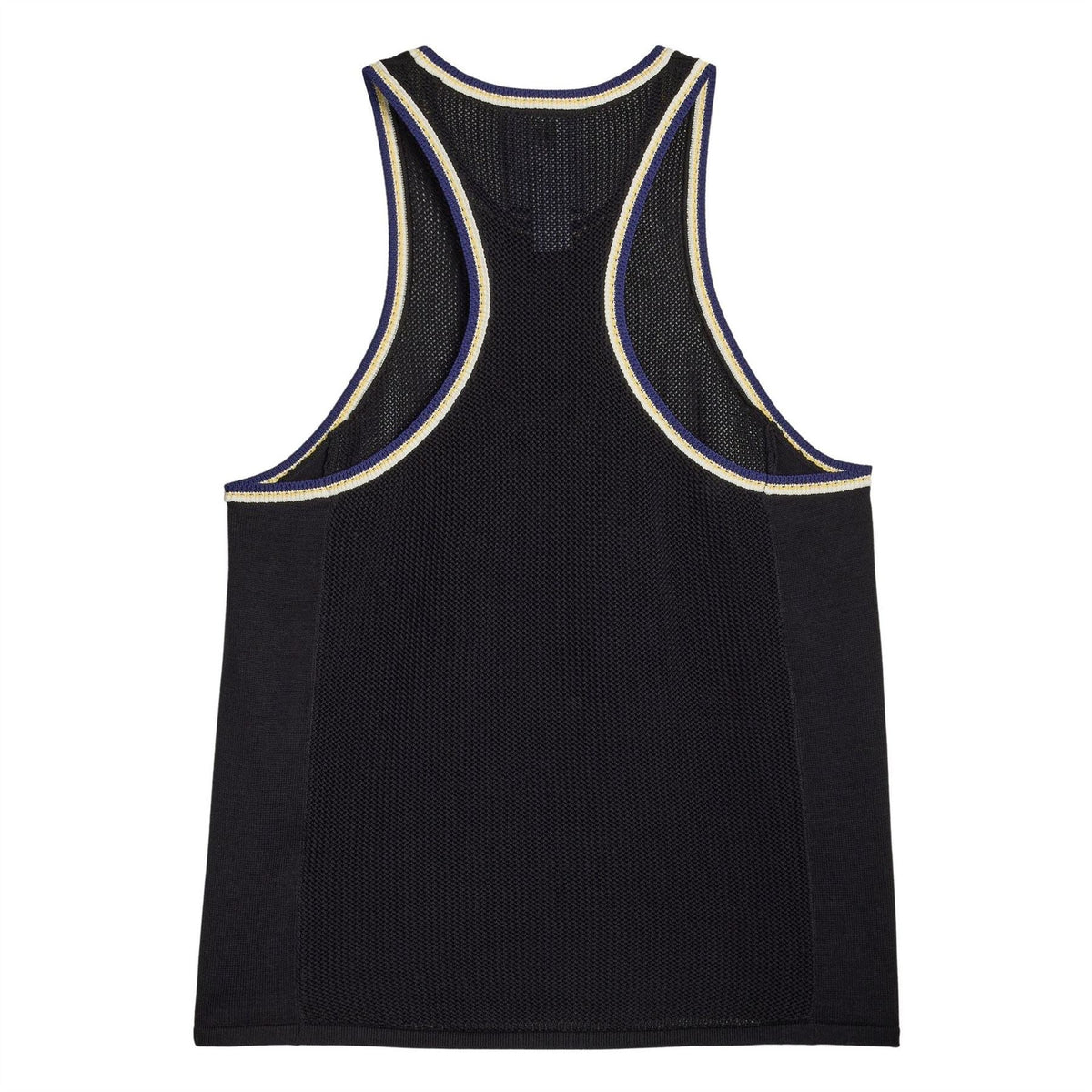 Black knit tank top with contrast piping at neck and armholes