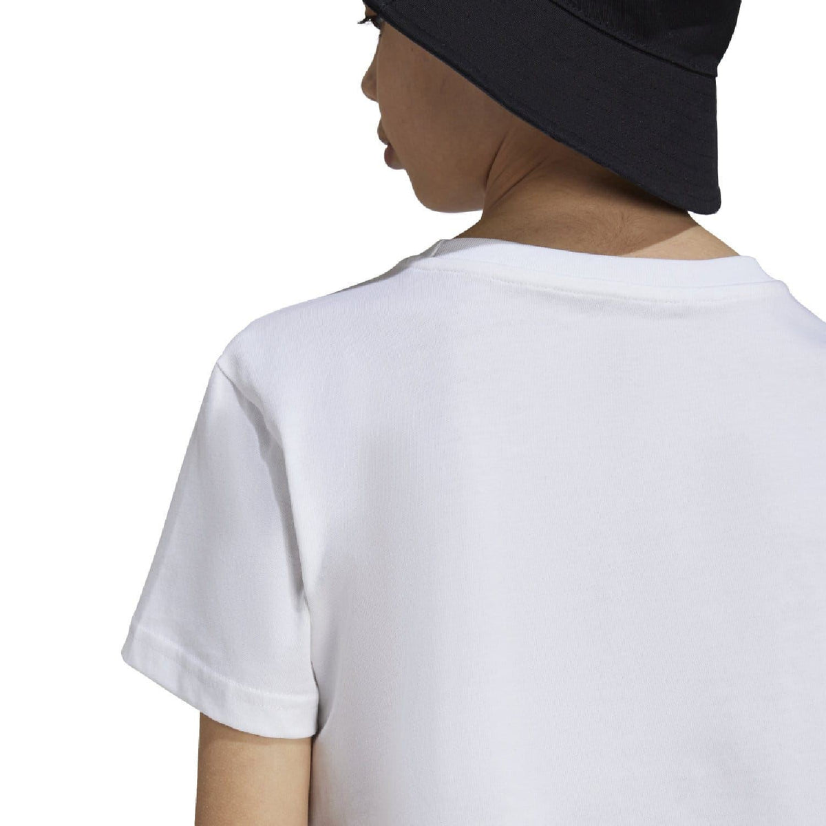 White junior t-shirt shown from the back with black bucket hat