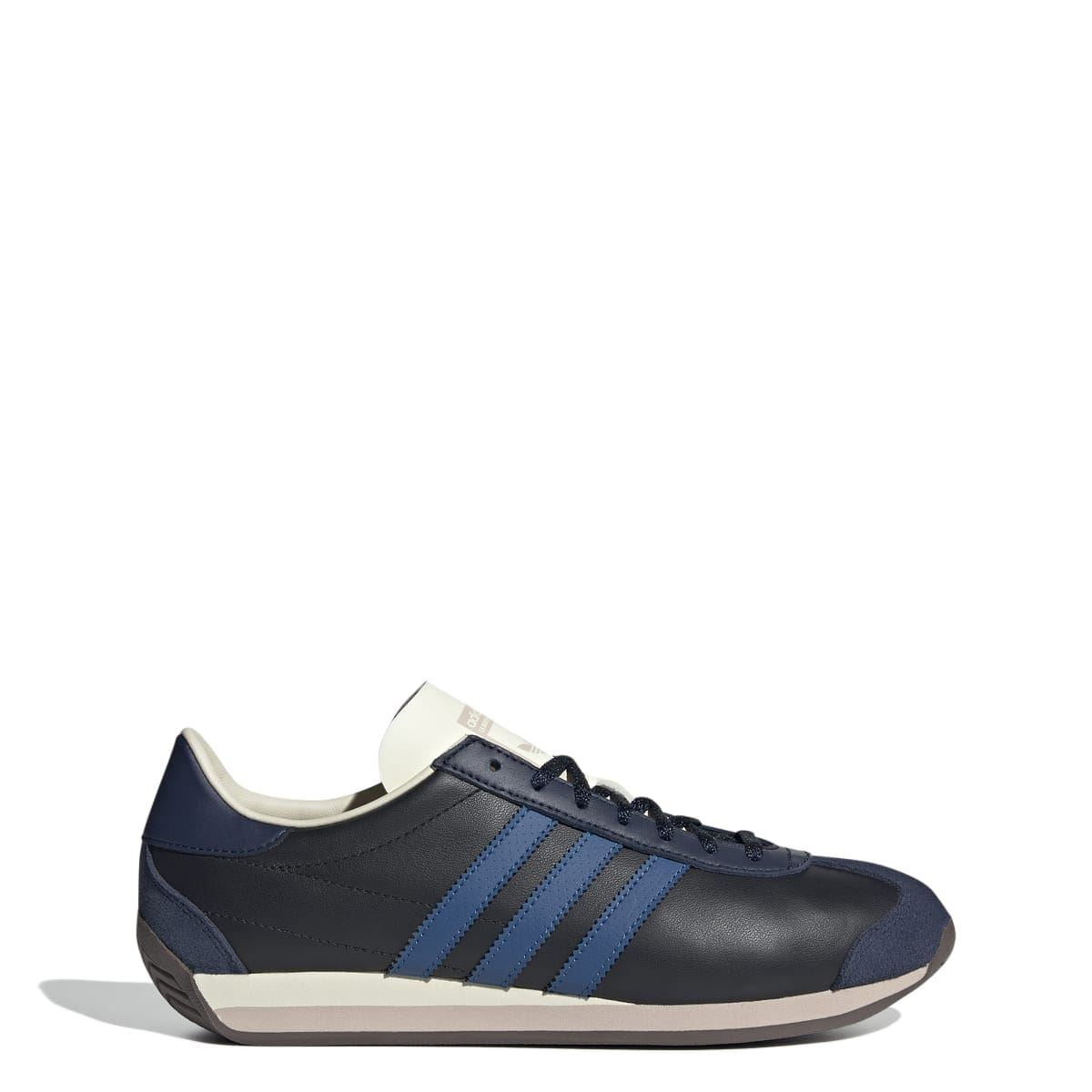 Dark navy/black trainers with three blue side stripes, lace-up front, and white heel tab