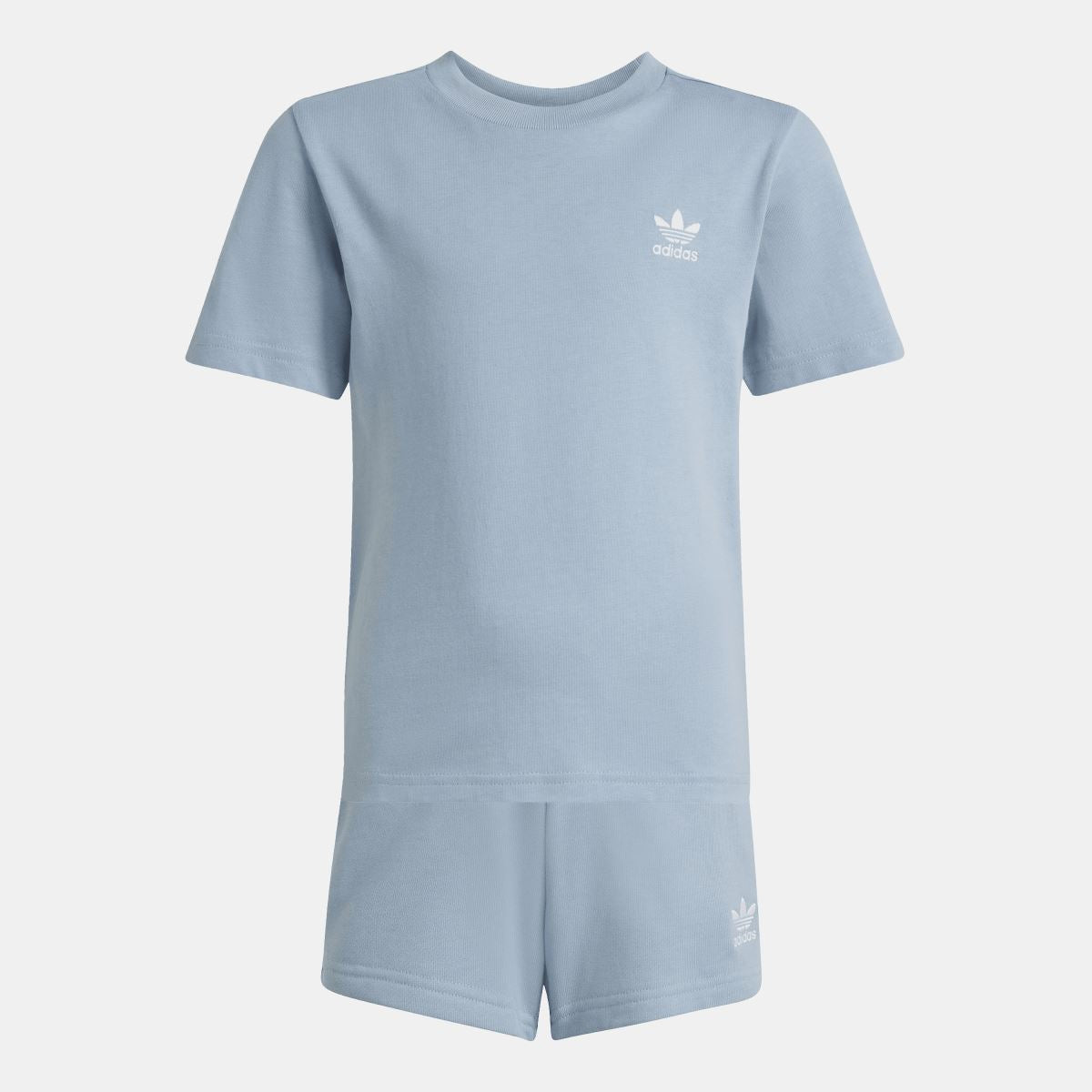 Light blue adidas crew-neck T-shirt with chest logo, matching shorts in same color.
