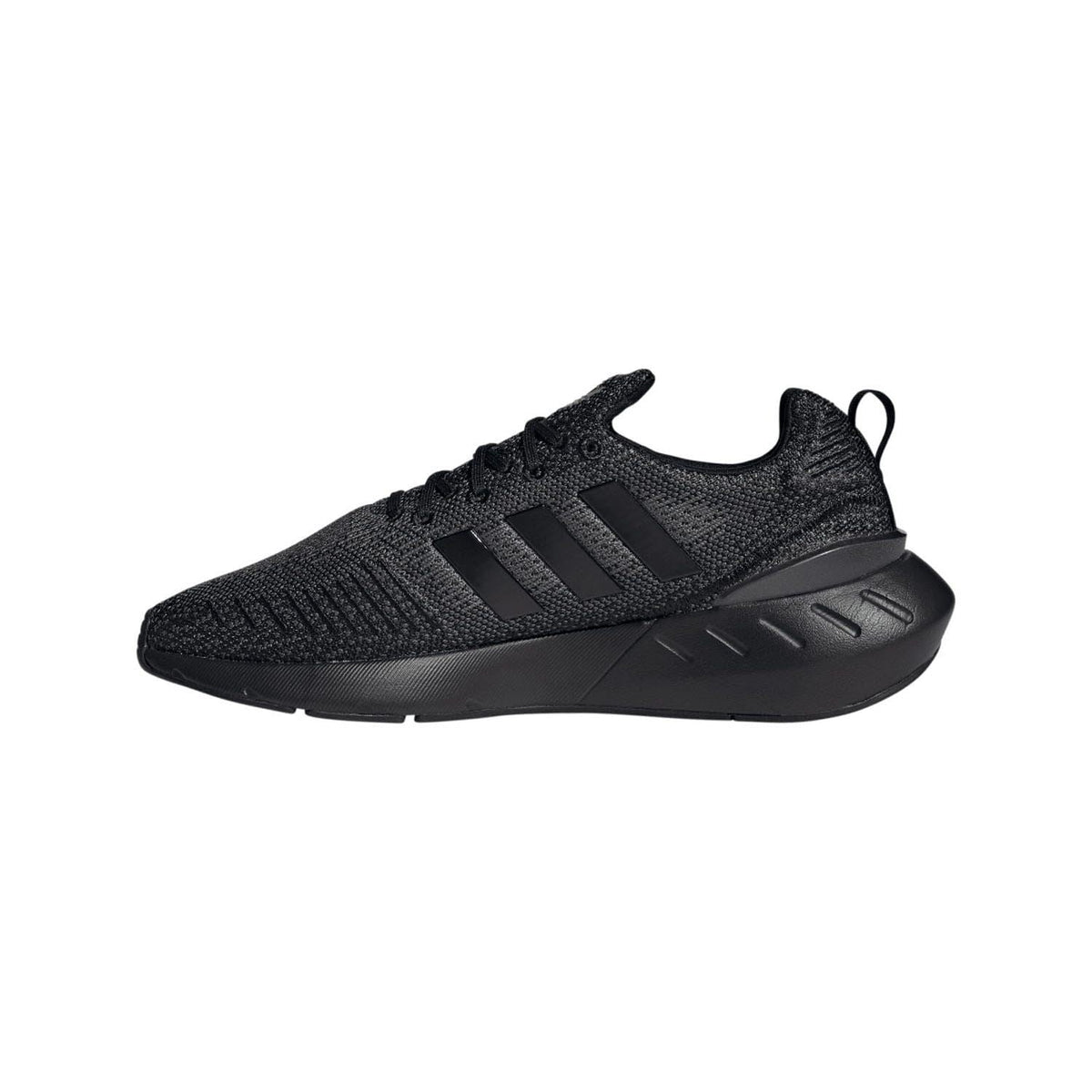 Black lace-up trainers with textured knit upper and molded heel panel