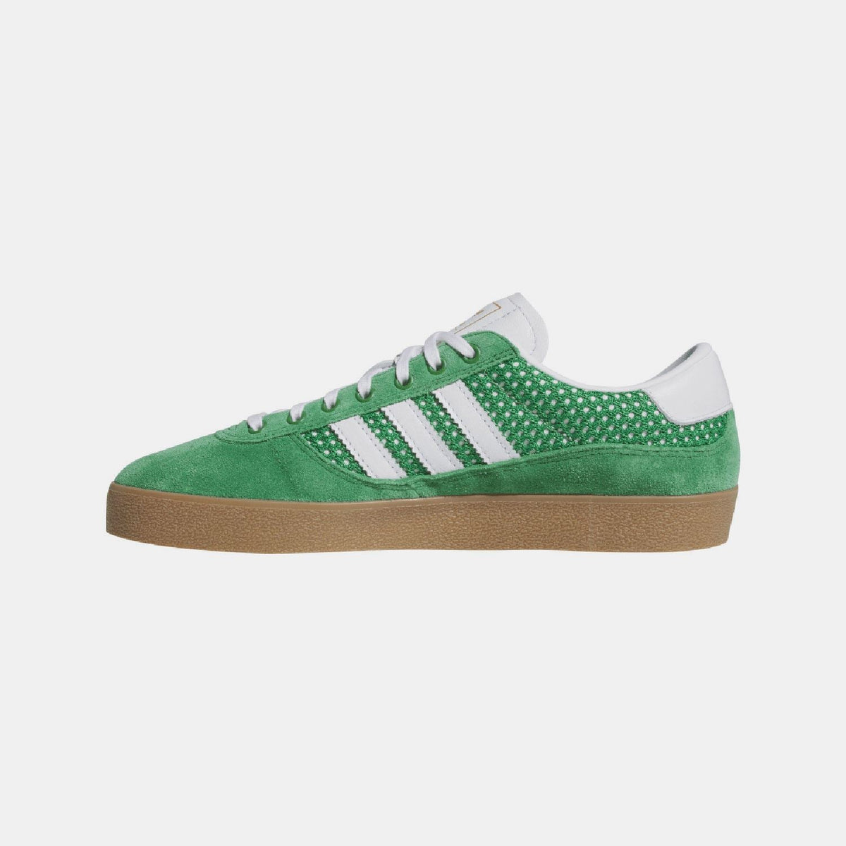 Green suede indoor trainer with white stripes, white tongue, and gum sole
