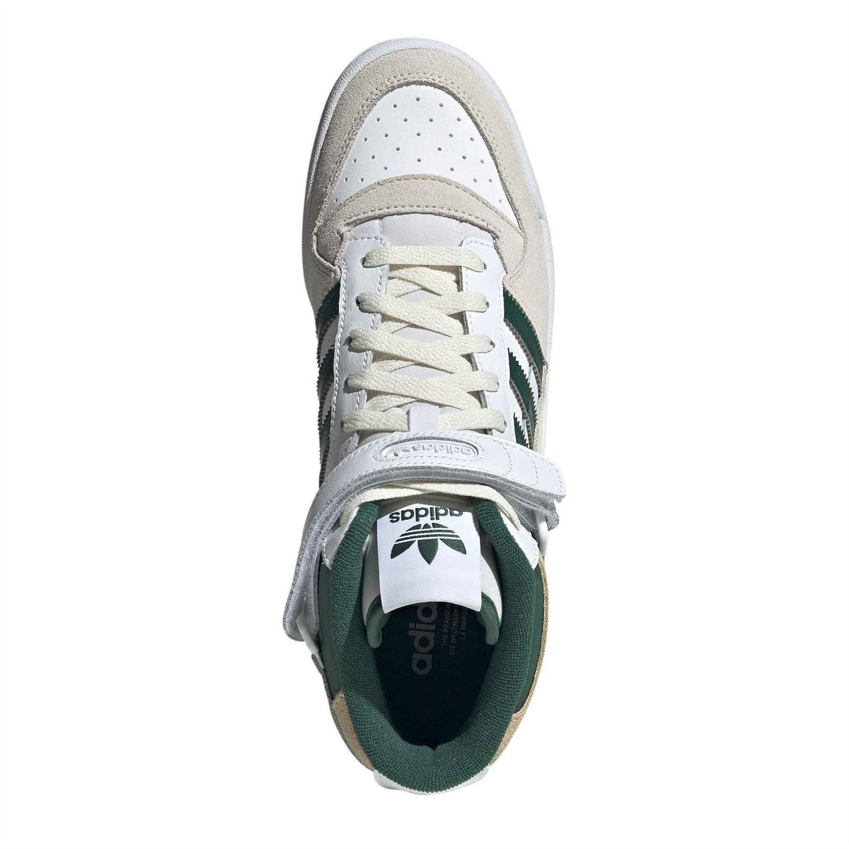 Mid-top sneaker tongue and eyelets with white laces, green inner lining, adidas branding