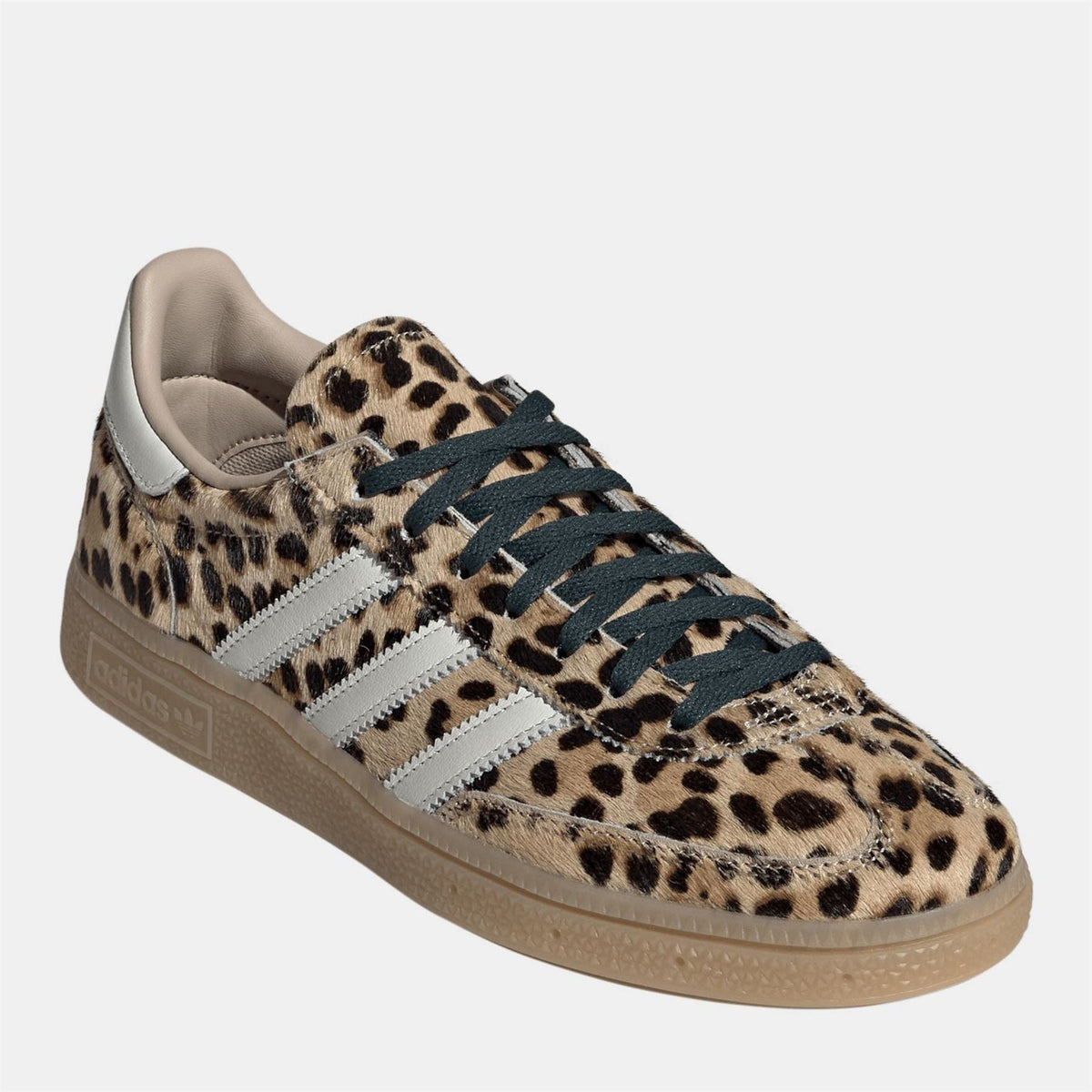 Women's Handball Spezial sneaker, leopard print with navy laces, white stripes, tan sole