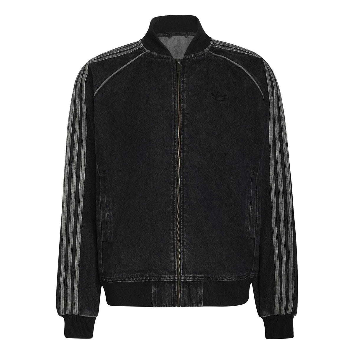 Black denim bomber jacket with ribbed collar, full-zip front, and three-stripe sleeves.