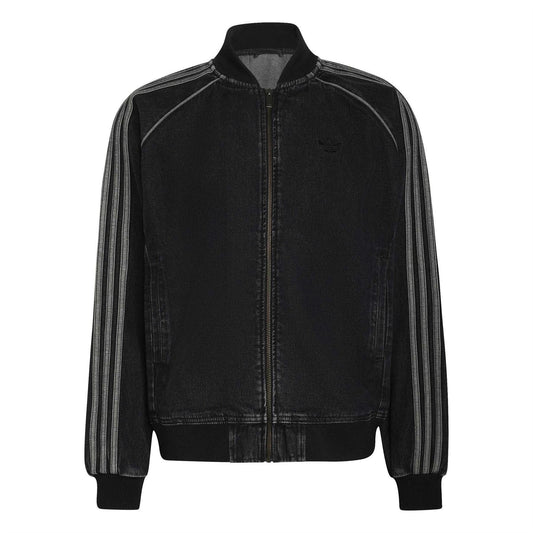 Black denim bomber jacket with ribbed collar, full-zip front, and three-stripe sleeves.
