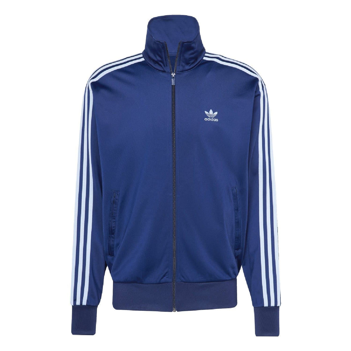 Indigo adidas Originals track top with full-zip front, stand collar, and white triple stripes