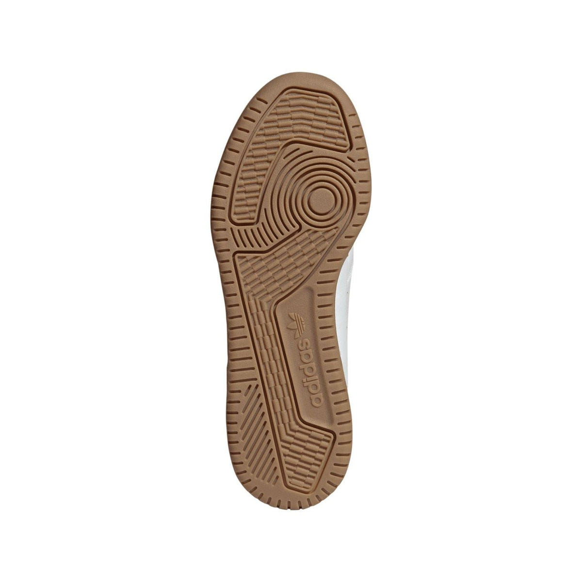 Brown rubber outsole with textured traction pattern and adidas branding.