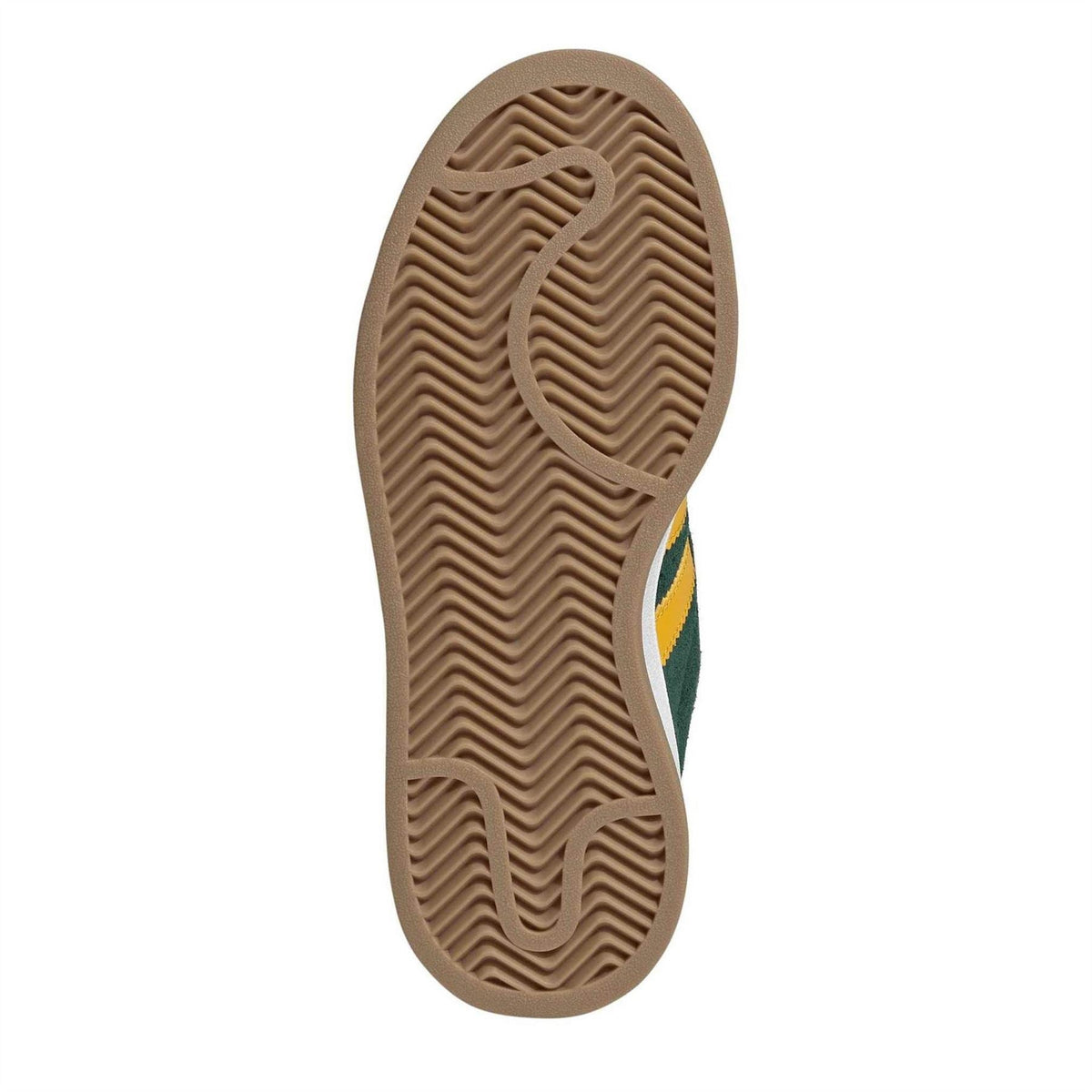 Brown rubber outsole for Campus sneakers with patterned tread and yellow stripe trim