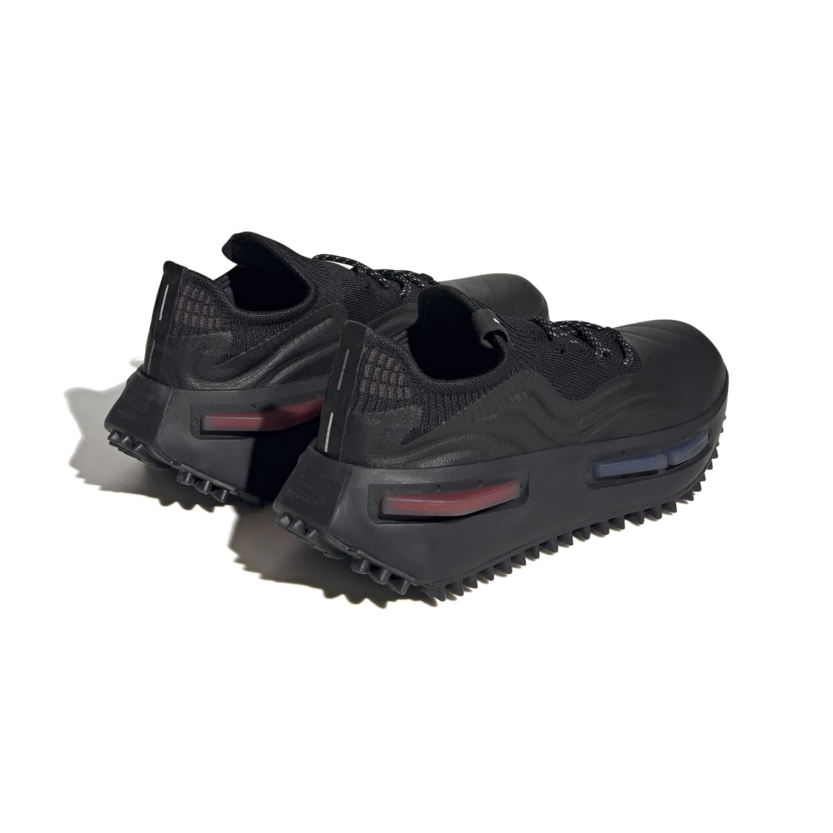Black adidas Originals NMD S1 trainers, heel and side view with red and blue accents