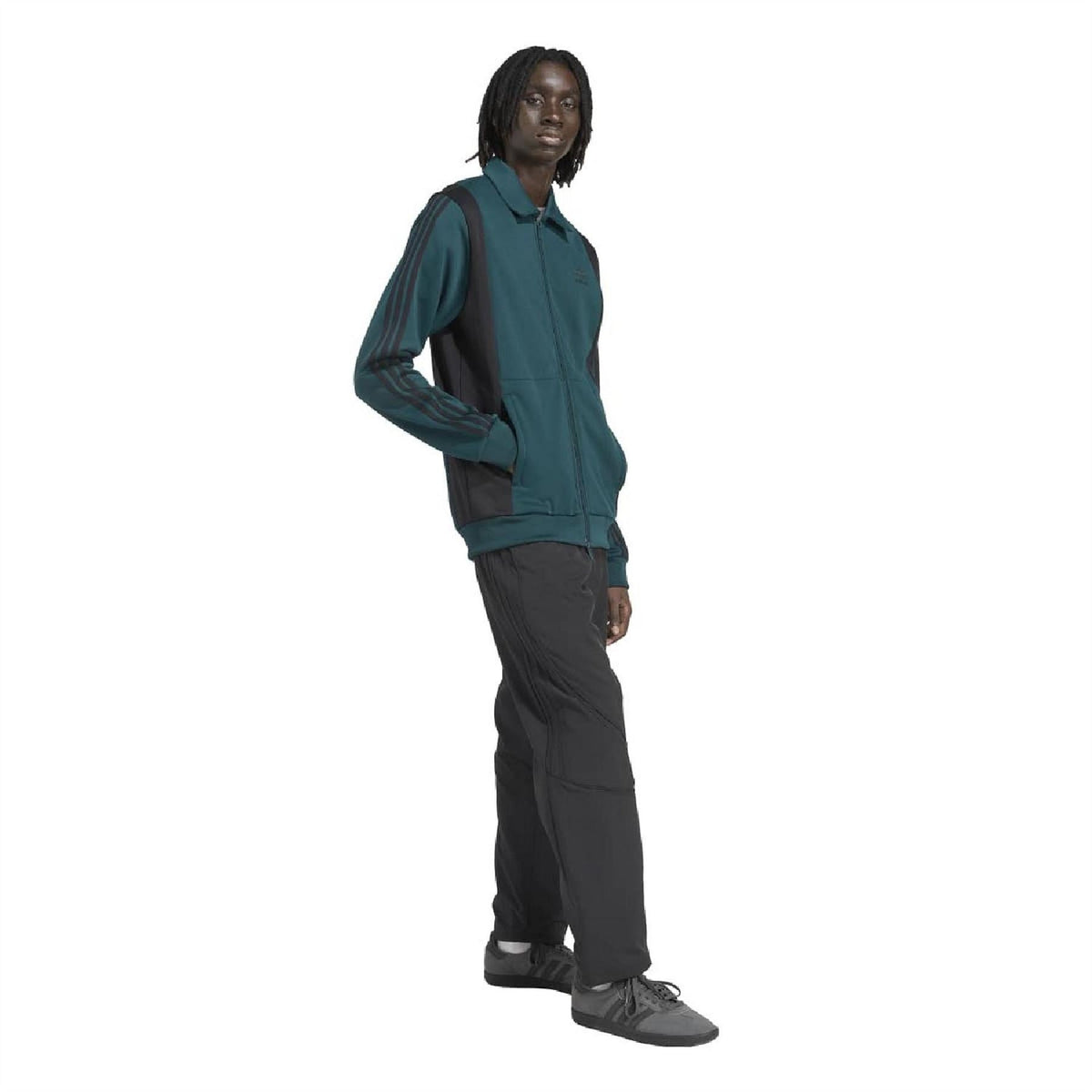 adidas Originals teal zip-up track jacket with striped sleeves, model standing