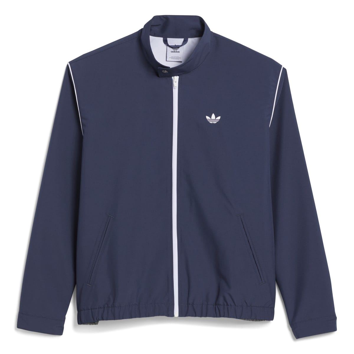 adidas navy track jacket with full zip front and chest trefoil logo, white piping