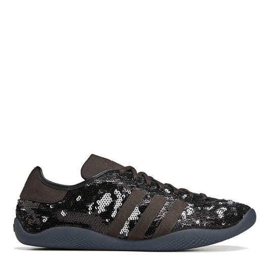 Core Black sequin low-top sneakers with three stripe overlays and dark rubber sole