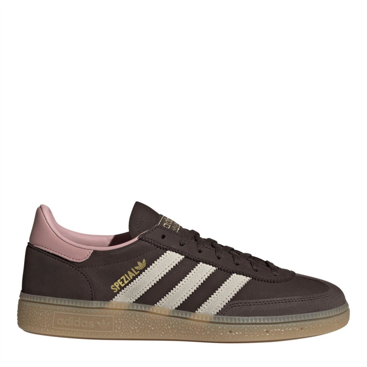 Brown adidas Spezial sneakers with white stripes, pink collar lining, lace-up.