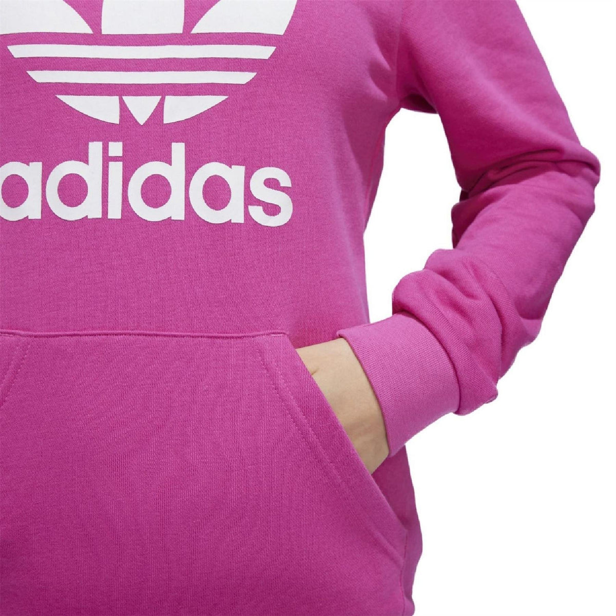 Pink adidas Trefoil hoodie sleeve and hood with visible knit cuff detail