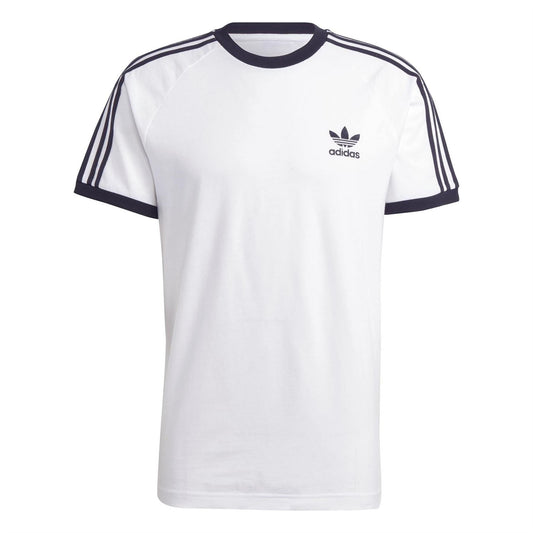 White crew-neck jersey T-shirt with adidas wordmark and navy shoulder stripe details