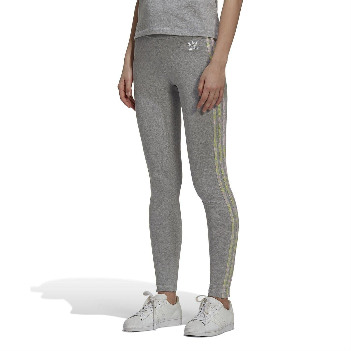 Grey slim running leggings with pastel vertical side stripes and logo detail at upper thigh