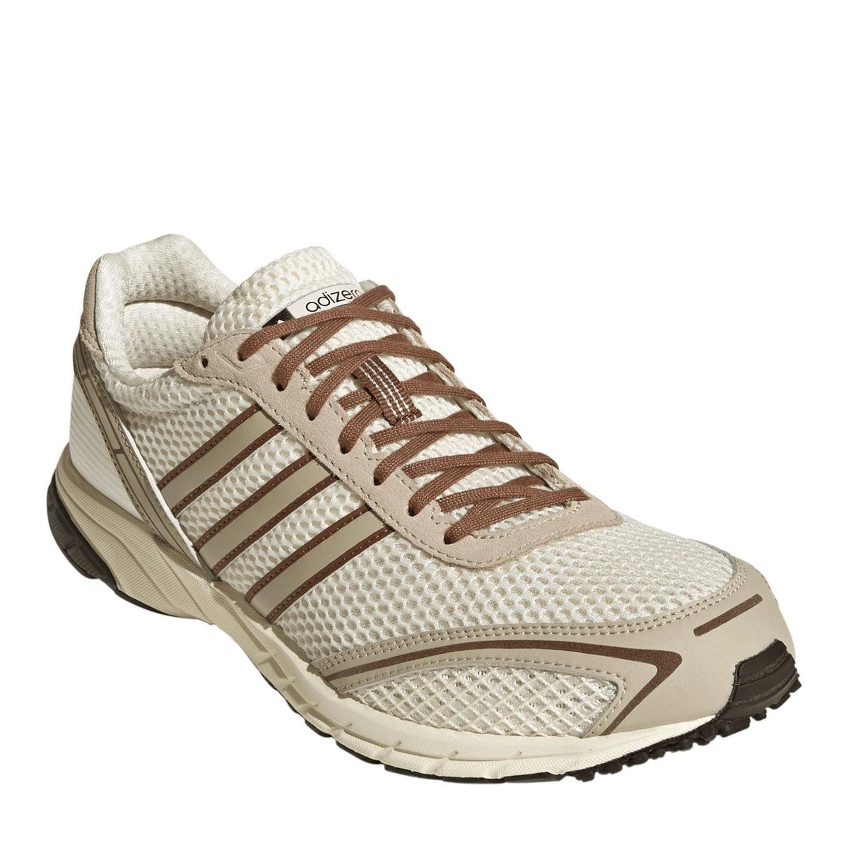 Off-white adidas Adizero trainers with brown laces and three stripe design, mesh upper