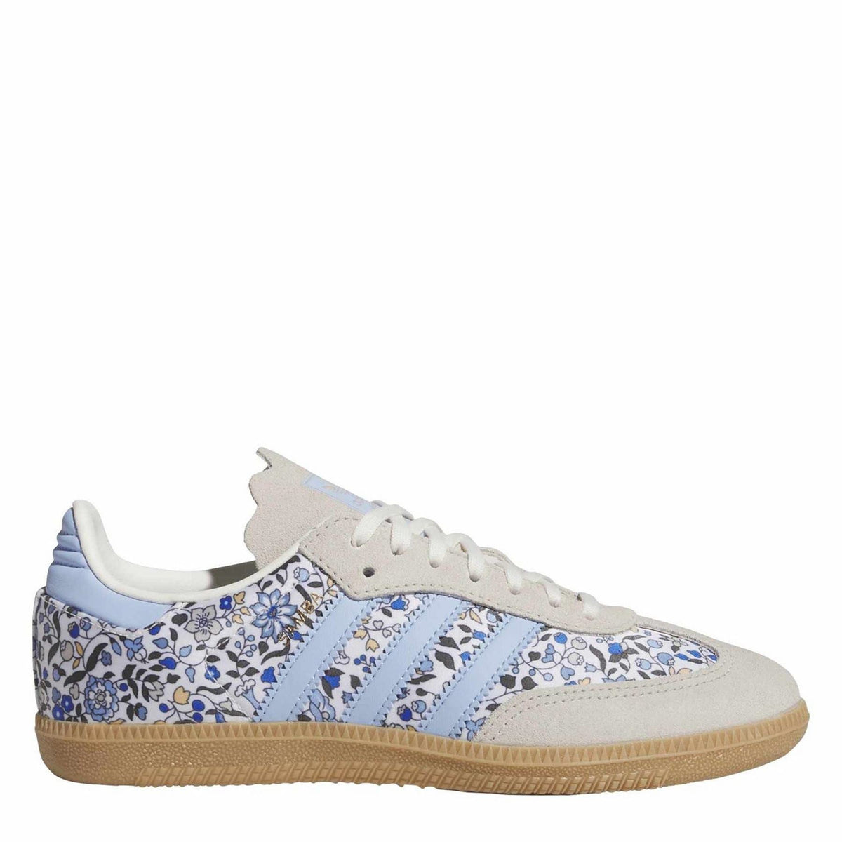 Juniors' Samba sneakers in white with blue floral print, light blue stripes, gum sole