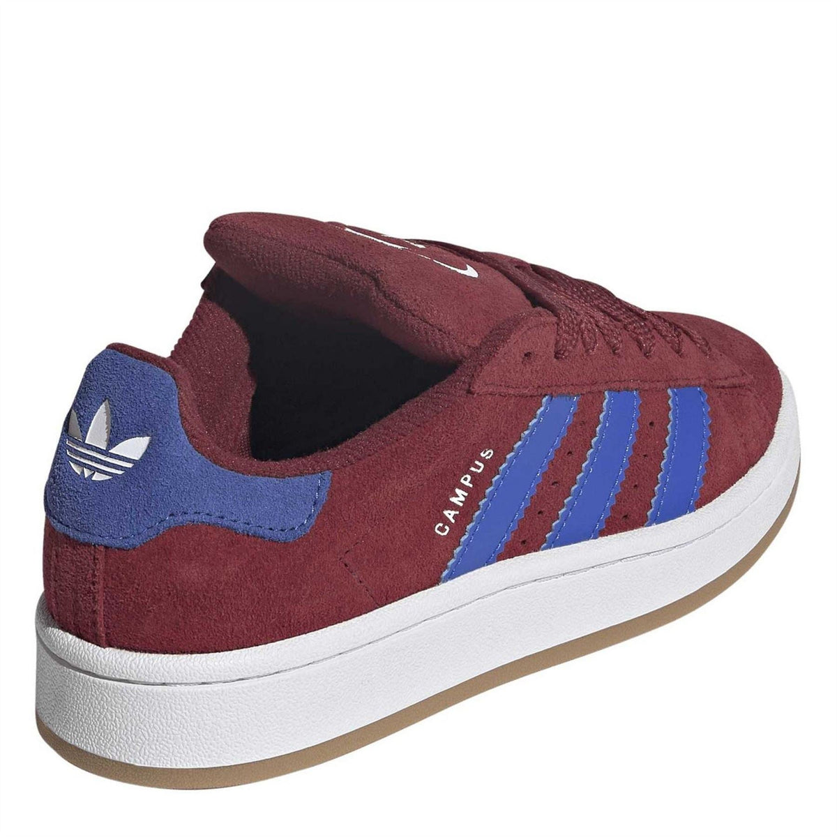 adidas Originals juniors sneaker heel view, maroon suede with blue heel panel and white sole