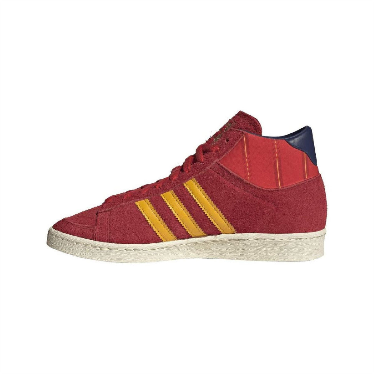 Burgundy suede high-top sneaker with navy collar, yellow triple stripes, white midsole