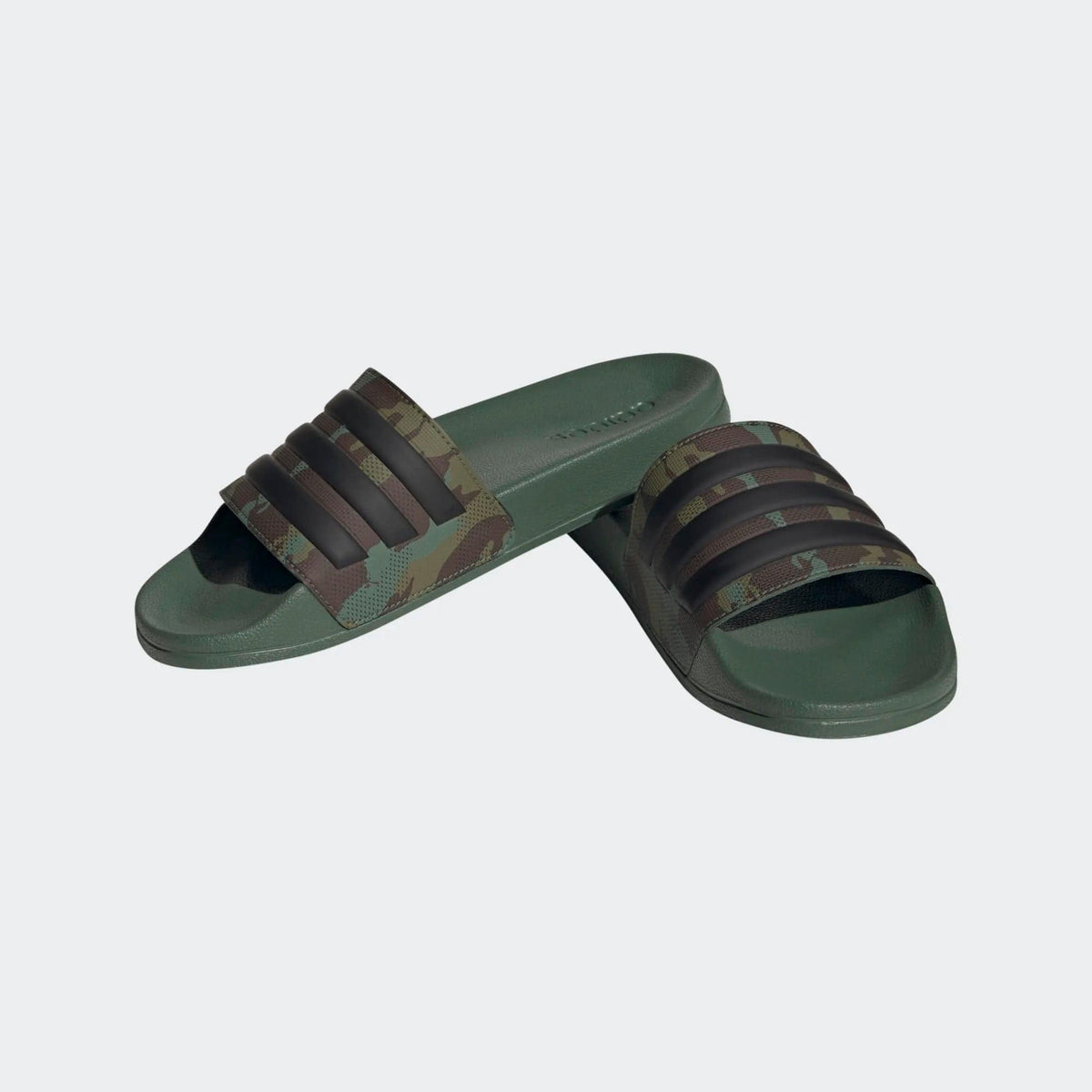 Adilette shower slides, green slides with camo strap and brown three-stripe bands