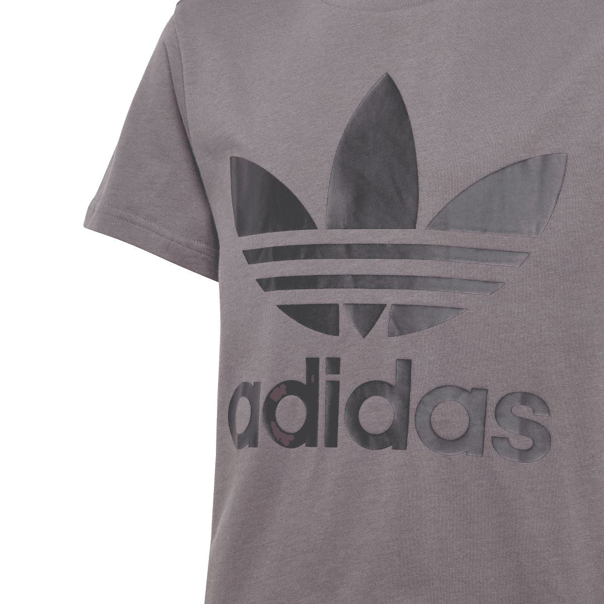 Grey adidas Trefoil graphic junior T-shirt, close-up front with logo and stripes.