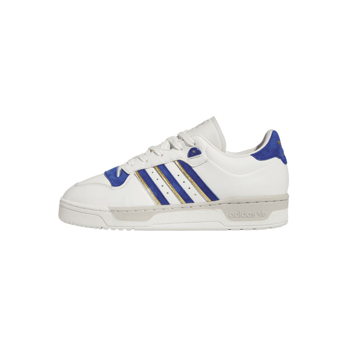 adidas low-top sneakers, white leather with blue and gold stripes