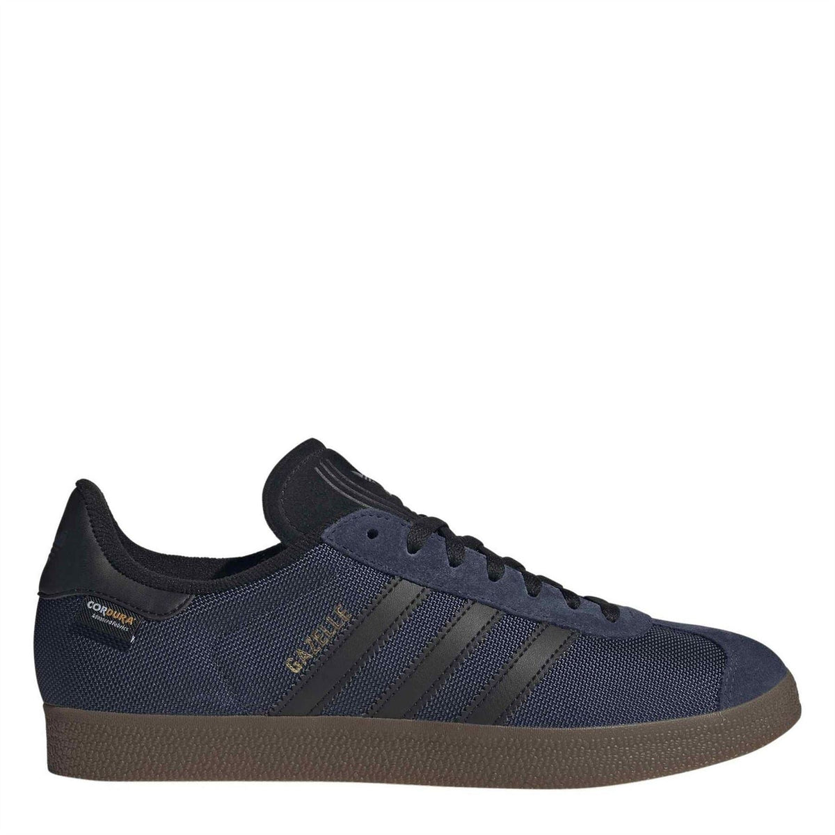 Gazelle OG lace-up sneakers in indigo/black mesh with suede accents and brown outsole