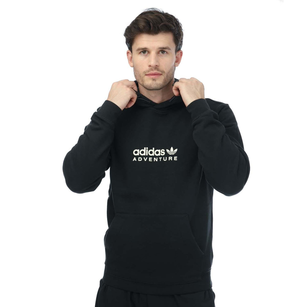 Men's black adidas Originals Adventure pullover hoodie, kangaroo pocket, drawstring hood