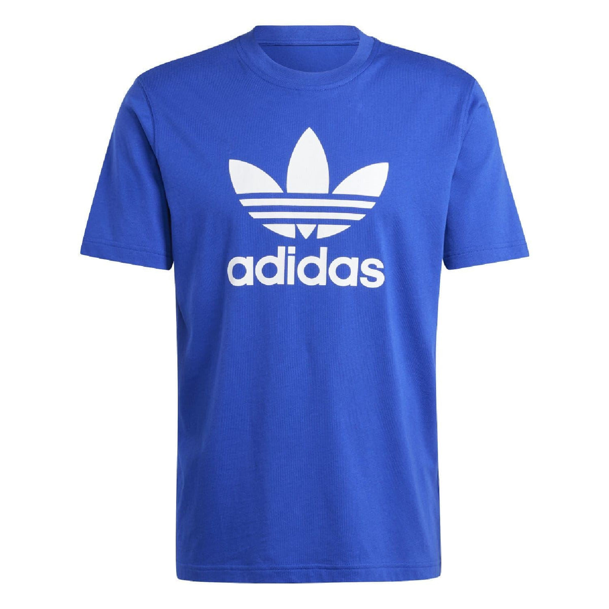 Blue crew-neck t-shirt with white adidas trefoil logo and adidas wordmark