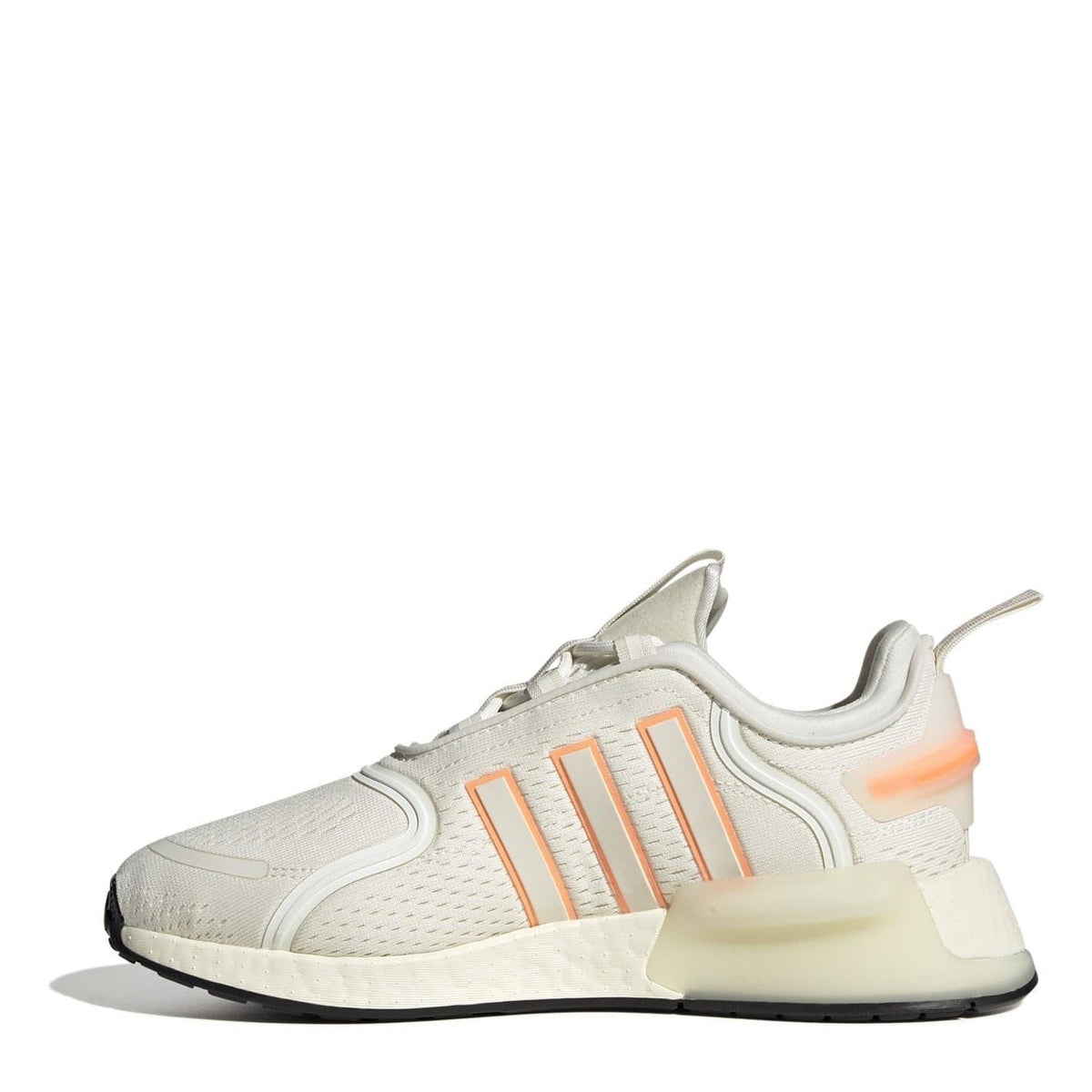 White NMD low-top sneakers with orange stripes and heel pull tab, side view