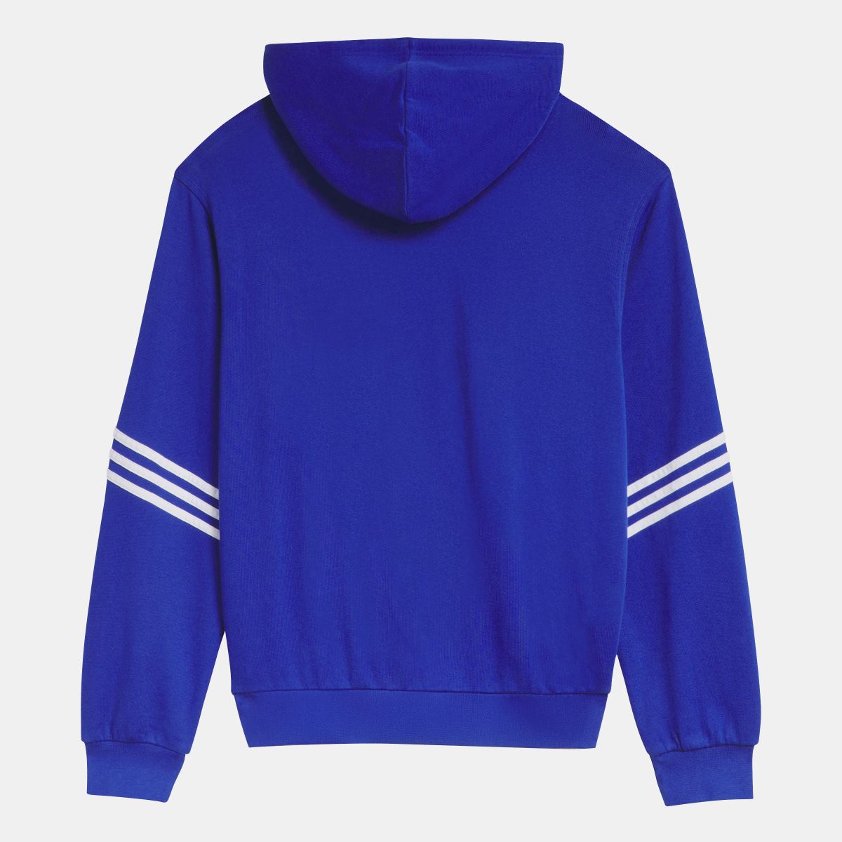 Blue pullover hoodie with adidas trefoil logo and white striped sleeve details.